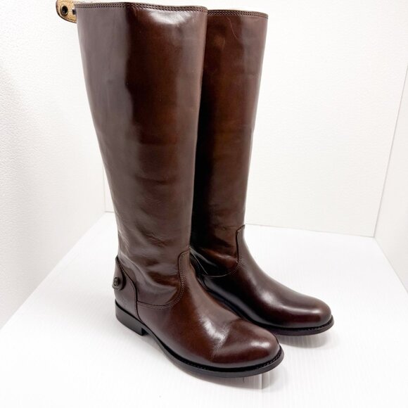 Frye Melissa Button Back Zip Tall Riding Boots Women’s 6M Dark Brown Leather - Picture 2 of 10